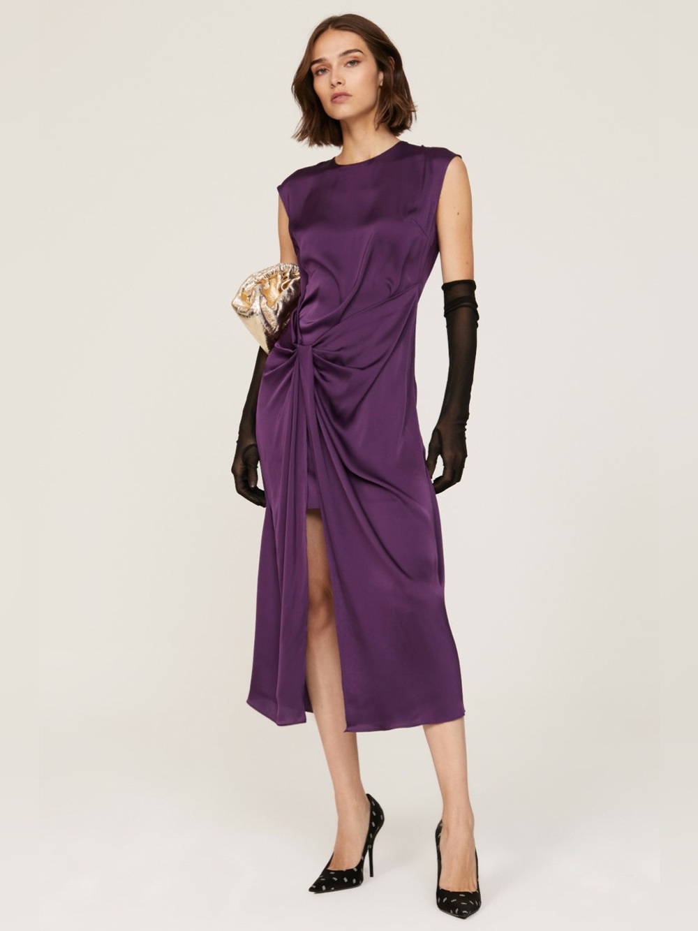 Elegant Purple Twist-Front Midi Dress